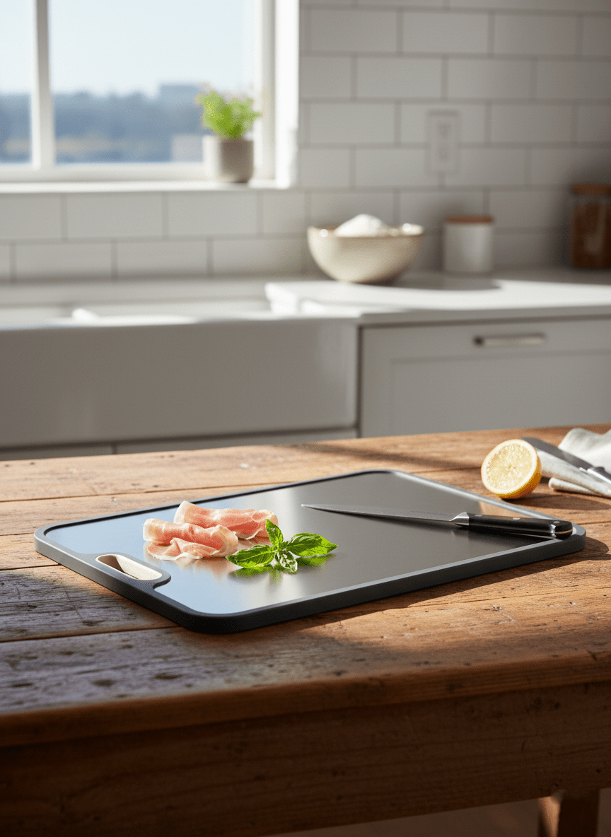 Titanium cutting board with double-sided design, featuring a hygienic non-porous surface ideal for cutting meats and vegetables, measuring 39 x  2