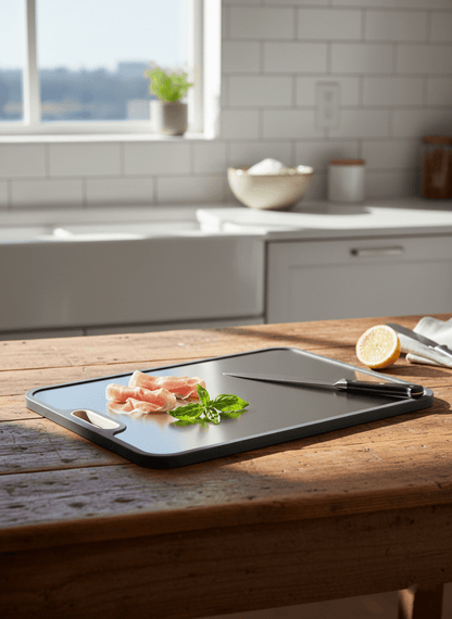 Titanium cutting board with double-sided design, featuring a hygienic non-porous surface ideal for cutting meats and vegetables, measuring 39 x  2