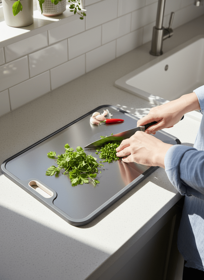 Titanium cutting board with double-sided design, featuring a hygienic non-porous surface ideal for cutting meats and vegetables, measuring 39 x  1