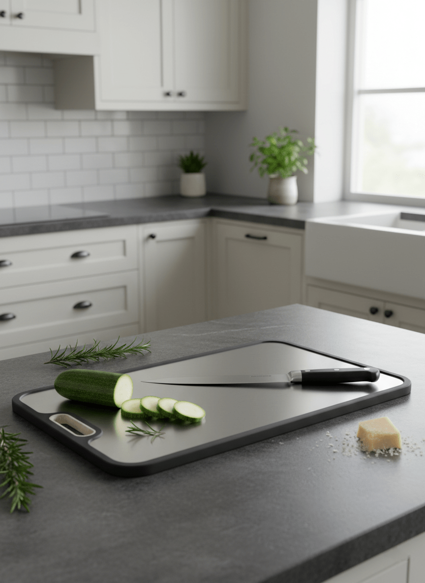 Titanium cutting board with double-sided design, featuring a hygienic non-porous surface ideal for cutting meats and vegetables, measuring 39 x  7