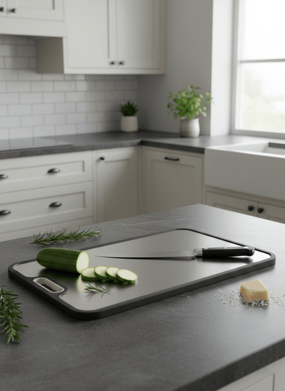 Titanium cutting board with double-sided design, featuring a hygienic non-porous surface ideal for cutting meats and vegetables, measuring 39 x  7