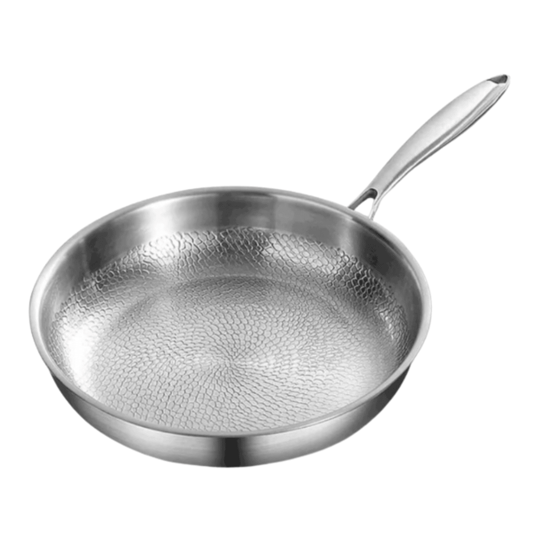 Titanium frying pan with a hammered finish in metallic silver, designed for induction cooking, providing durable construction and even heat distribution. 0