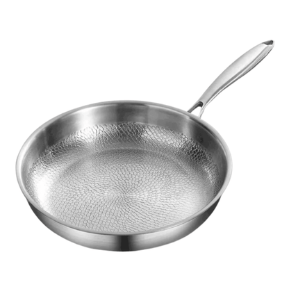 Titanium frying pan with a hammered finish in metallic silver, designed for induction cooking, providing durable construction and even heat distribution. 0
