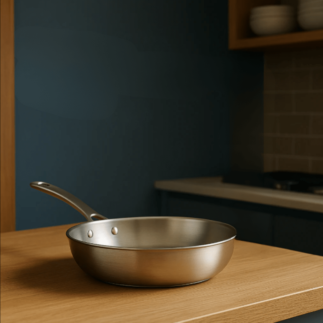 Titanium frying pan with a hammered finish in metallic silver, designed for induction cooking, providing durable construction and even heat distribution. 2