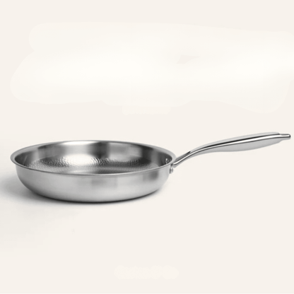 Titanium frying pan with a hammered finish in metallic silver, designed for induction cooking, providing durable construction and even heat distribution. 1
