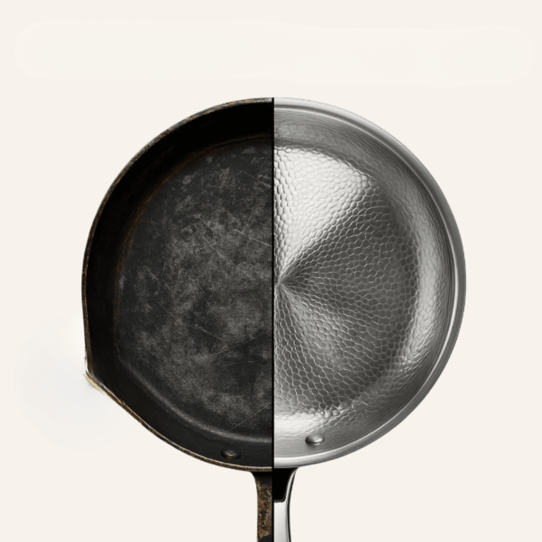 Titanium frying pan with a hammered finish in metallic silver, designed for induction cooking, providing durable construction and even heat distribution. 3