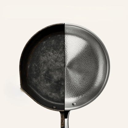 Titanium frying pan with a hammered finish in metallic silver, designed for induction cooking, providing durable construction and even heat distribution. 3