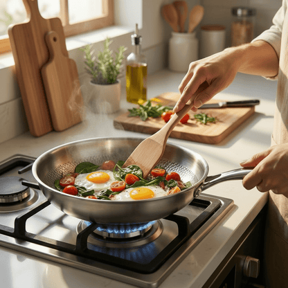 Titanium frying pan with a natural non-stick surface, ultra-lightweight design, 28cm size, and PFAS-free cookware for healthier cooking. 5