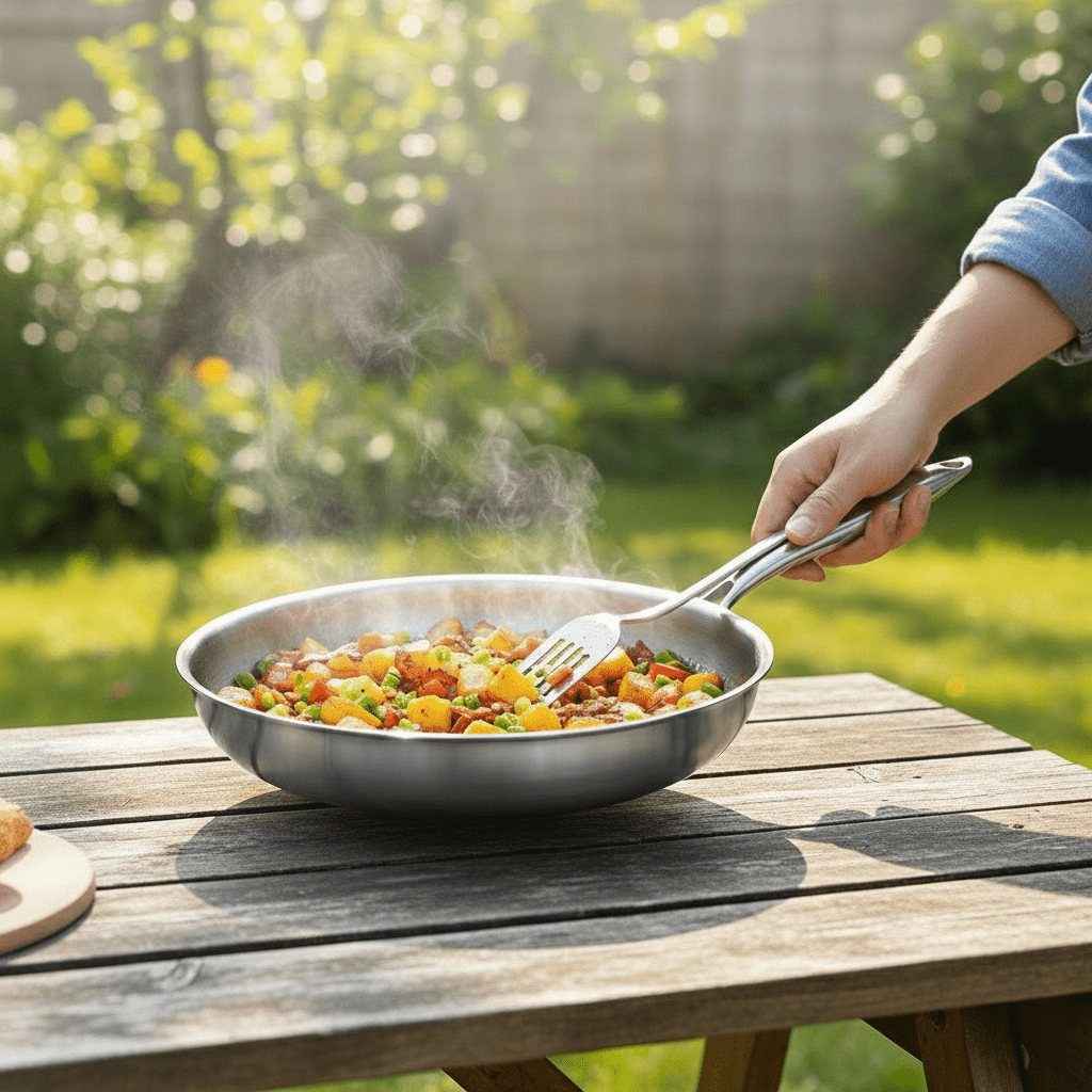 Titanium frying pan with a natural non-stick surface, ultra-lightweight design, 28cm size, and PFAS-free cookware for healthier cooking. 4