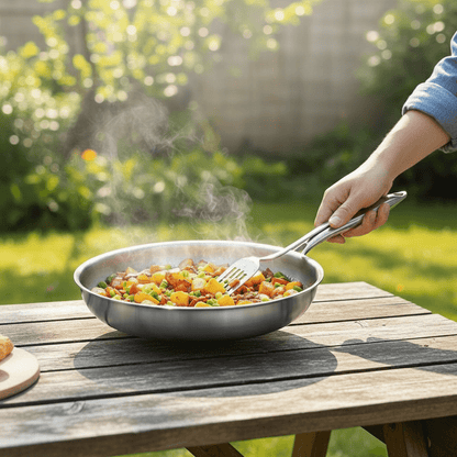 Titanium frying pan with a natural non-stick surface, ultra-lightweight design, 28cm size, and PFAS-free cookware for healthier cooking. 4