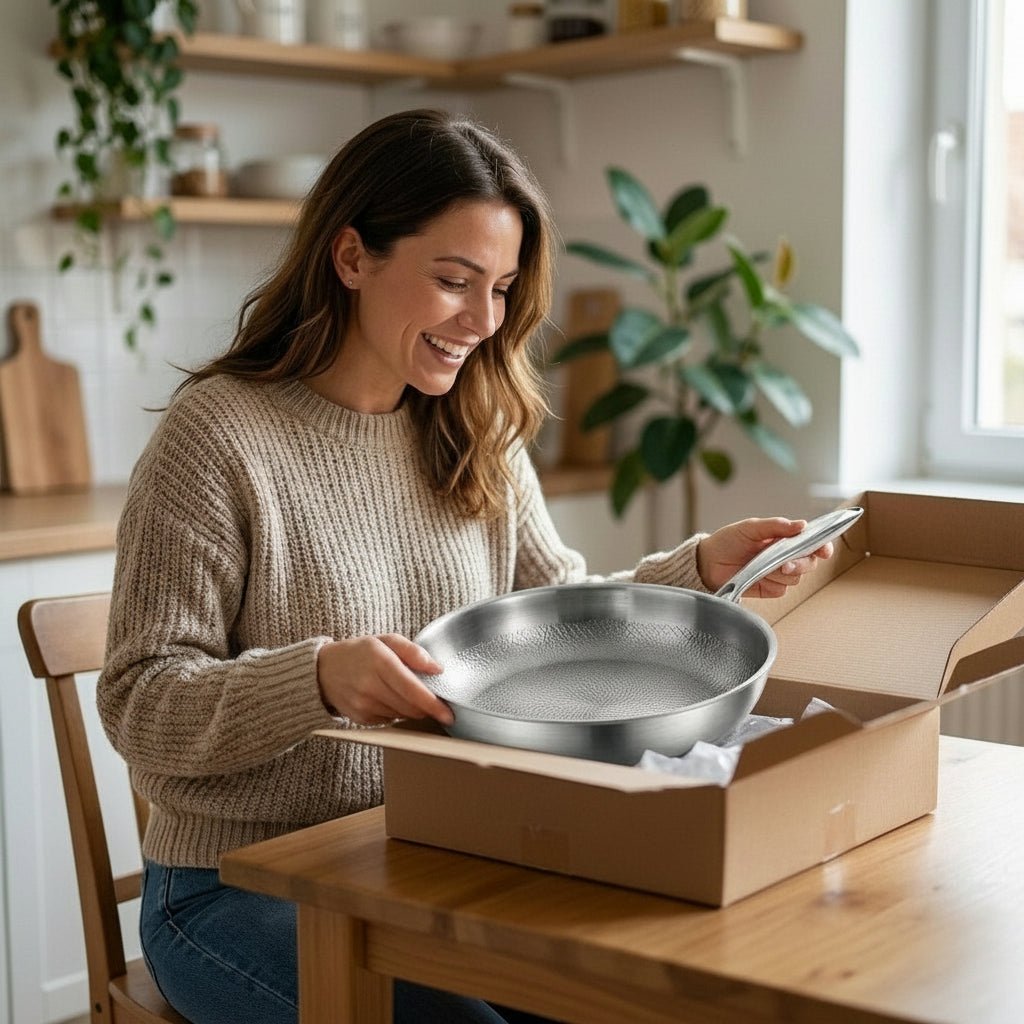 Titanium frying pan with a natural non-stick surface, ultra-lightweight design, 28cm size, and PFAS-free cookware for healthier cooking. 3