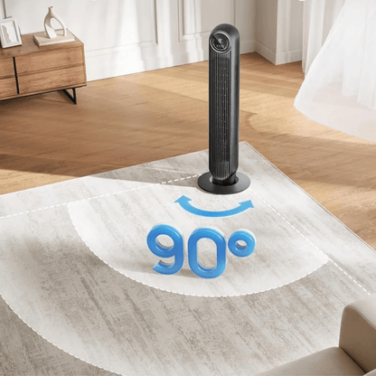 Tower fan with remote control featuring three-speed settings, designed for quiet operation and oscillation, perfect for bedrooms and living rooms. 3