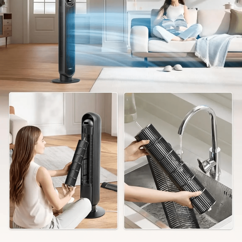Tower fan with remote control featuring three-speed settings, designed for quiet operation and oscillation, perfect for bedrooms and living rooms. 4