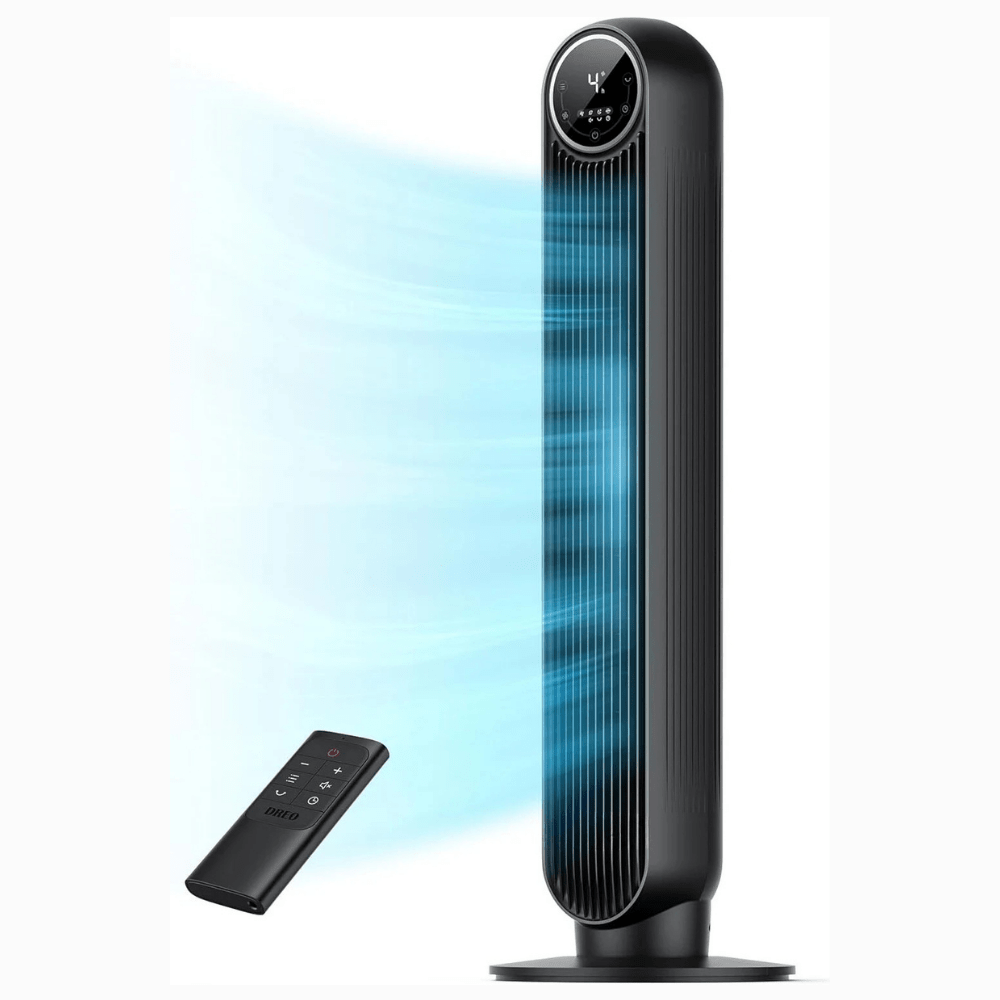 Tower fan with remote control featuring three-speed settings, designed for quiet operation and oscillation, perfect for bedrooms and living rooms. 2