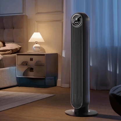 Tower fan with remote control featuring three-speed settings, designed for quiet operation and oscillation, perfect for bedrooms and living rooms. 0