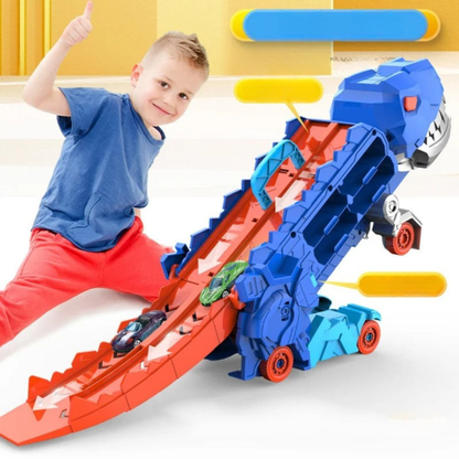 Transforming Dinosaur Race Track Playset with Built-In Car Storage – Durable ABS Plastic Toy for Kids