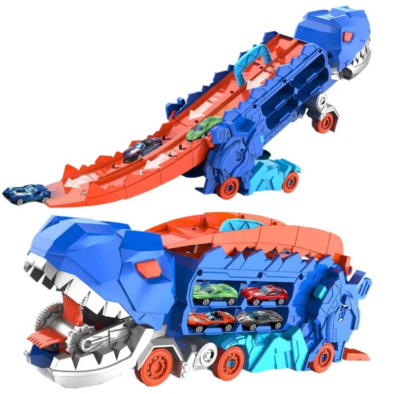 Transforming Dinosaur Race Track Playset featuring vibrant colors, built-in car storage, and durable ABS plastic, designed for endless fun and imaginative play for kids 0
