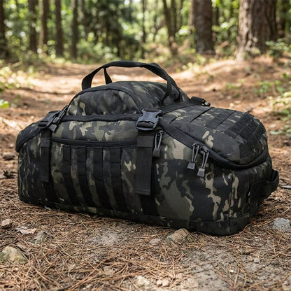 Travel bag featuring Molle attachment system, convertible design for backpack, shoulder, and tote use, made from durable 1000D fabric, adjustable size 1