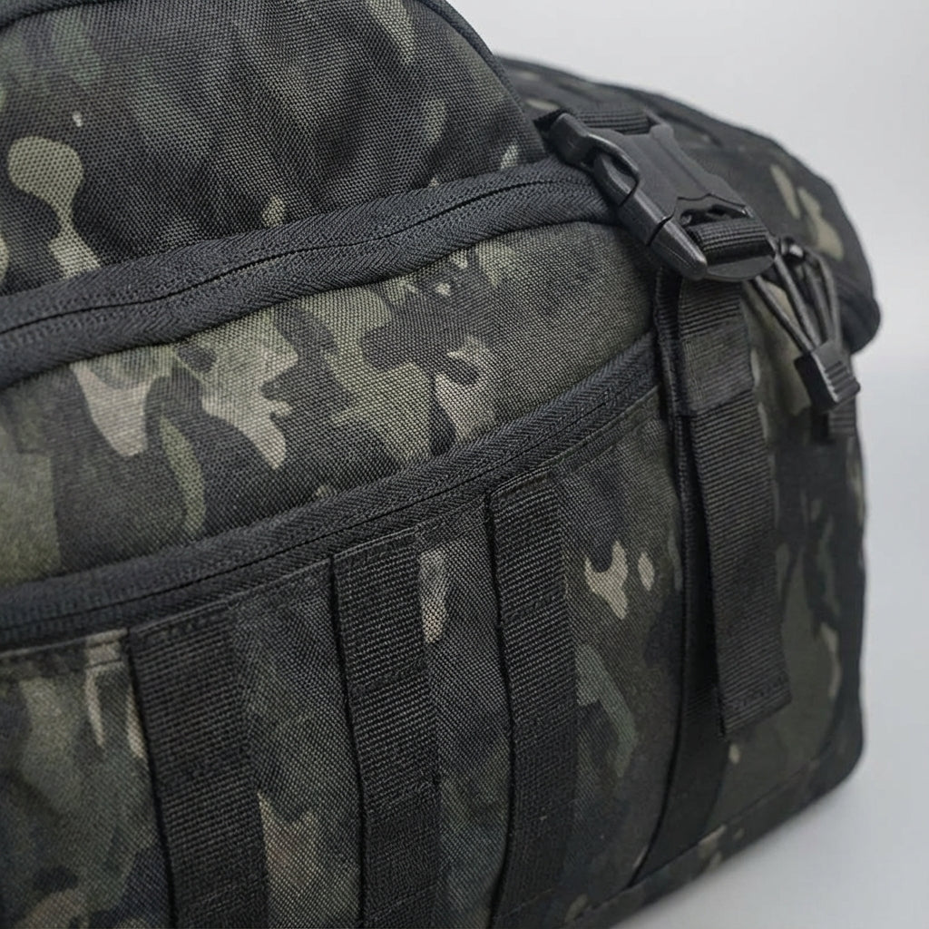 Travel bag featuring Molle attachment system, convertible design for backpack, shoulder, and tote use, made from durable 1000D fabric, adjustable size 3