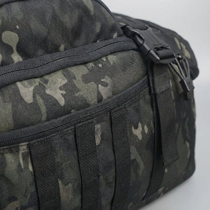 Travel bag featuring Molle attachment system, convertible design for backpack, shoulder, and tote use, made from durable 1000D fabric, adjustable size 3