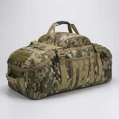 Travel bag featuring Molle attachment system, convertible design for backpack, shoulder, and tote use, made from durable 1000D fabric, adjustable size 4