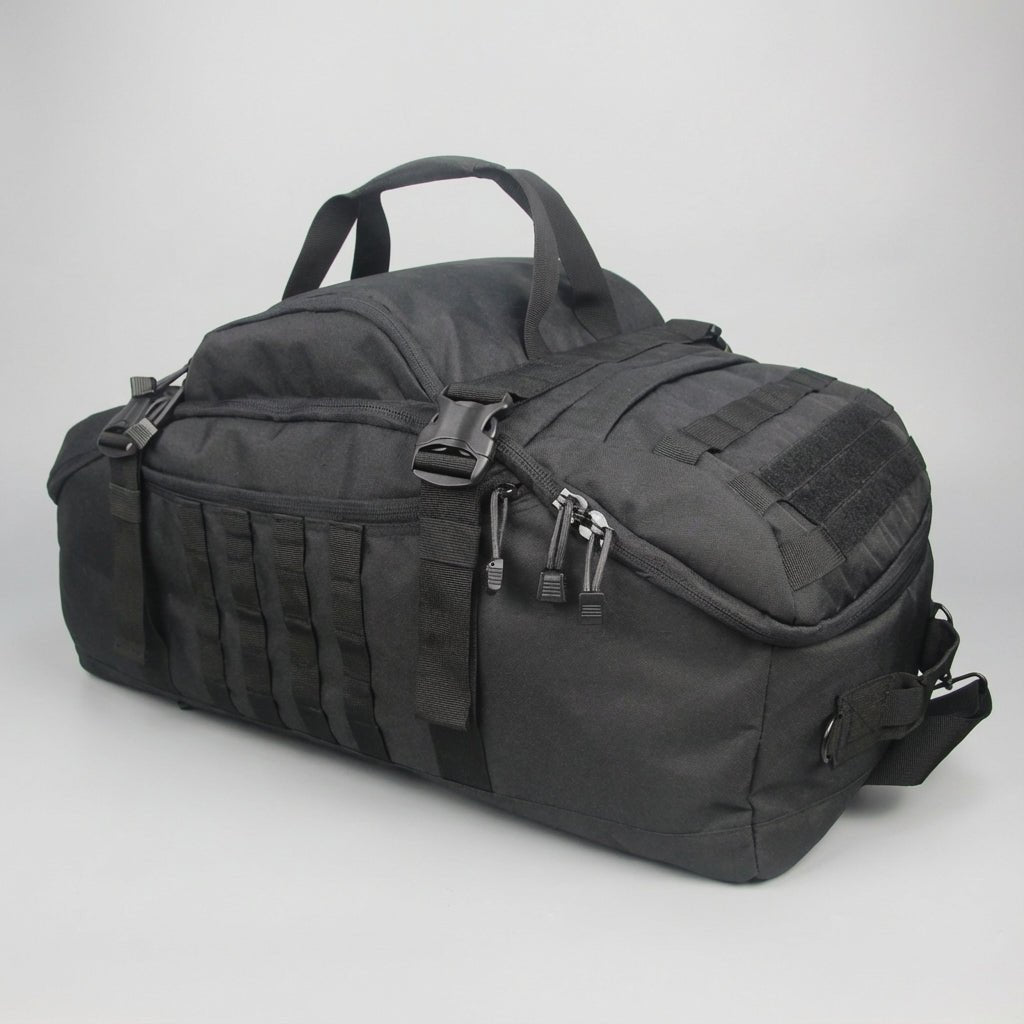 Travel bag featuring Molle attachment system, convertible design for backpack, shoulder, and tote use, made from durable 1000D fabric, adjustable size 0