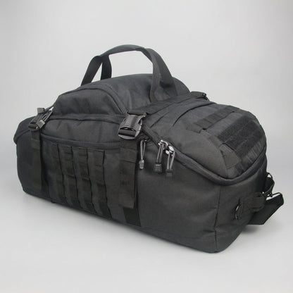 Travel bag featuring Molle attachment system, convertible design for backpack, shoulder, and tote use, made from durable 1000D fabric, adjustable size 0