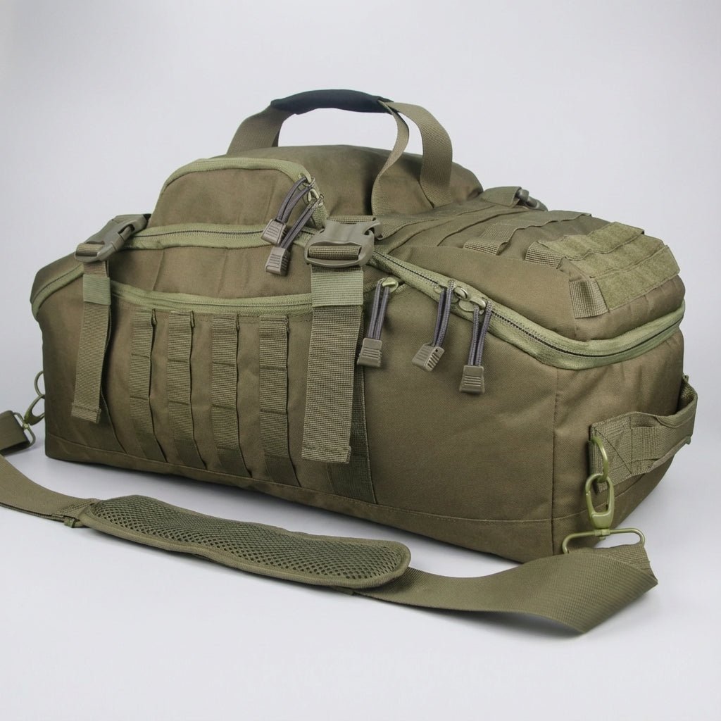 Travel bag featuring Molle attachment system, convertible design for backpack, shoulder, and tote use, made from durable 1000D fabric, adjustable size 5