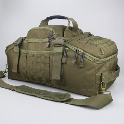 Travel bag featuring Molle attachment system, convertible design for backpack, shoulder, and tote use, made from durable 1000D fabric, adjustable size 5