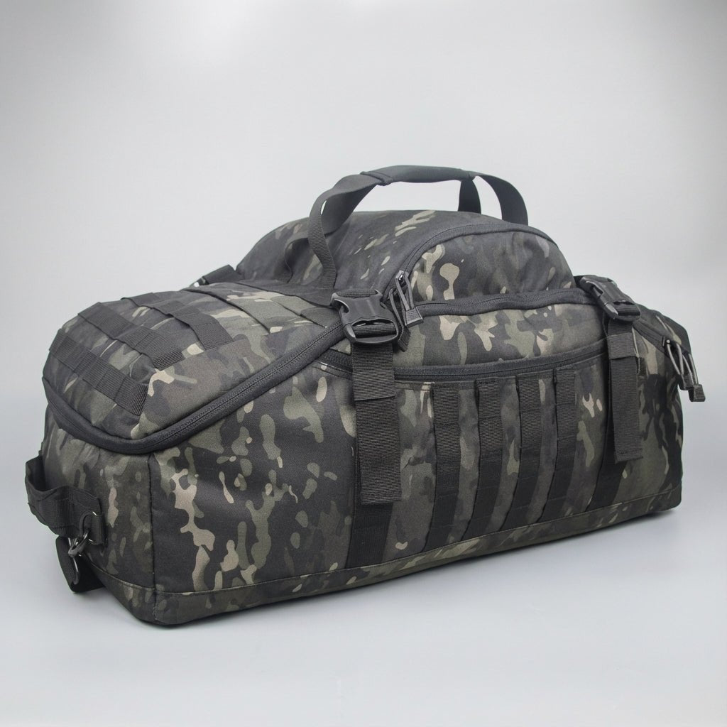 Travel bag featuring Molle attachment system, convertible design for backpack, shoulder, and tote use, made from durable 1000D fabric, adjustable size 7