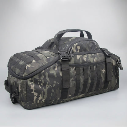 Travel bag featuring Molle attachment system, convertible design for backpack, shoulder, and tote use, made from durable 1000D fabric, adjustable size 7