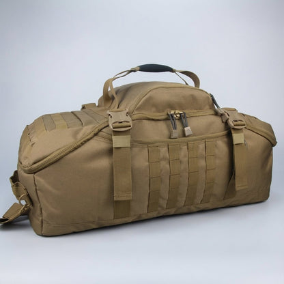 Travel bag featuring Molle attachment system, convertible design for backpack, shoulder, and tote use, made from durable 1000D fabric, adjustable size 6