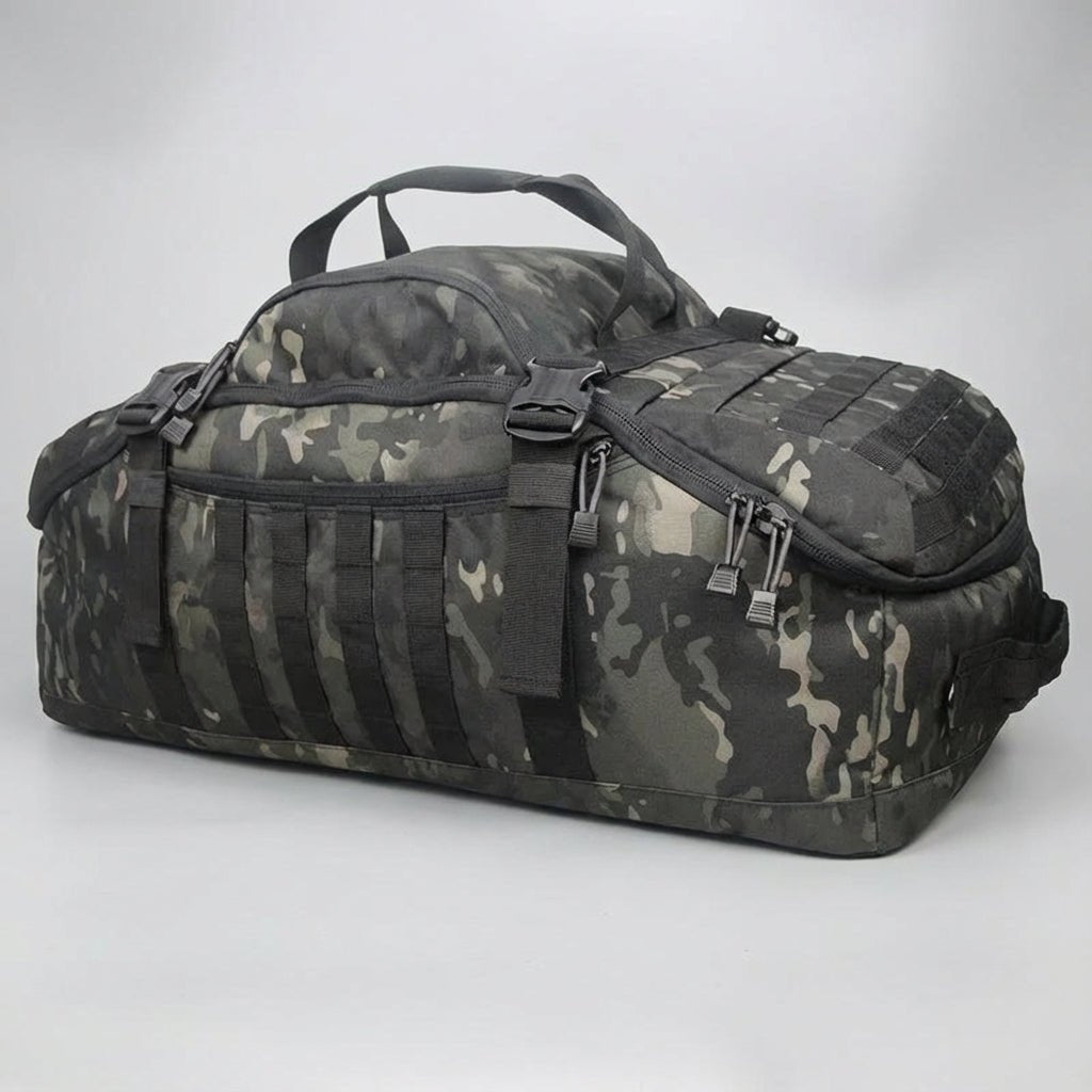 Travel bag featuring Molle attachment system, convertible design for backpack, shoulder, and tote use, made from durable 1000D fabric, adjustable size 2