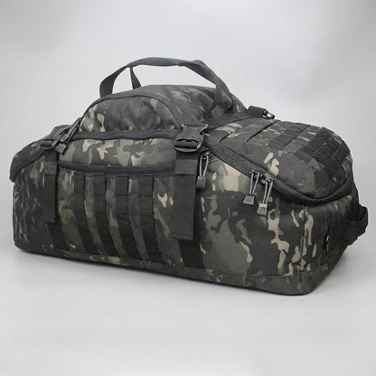 Travel bag featuring Molle attachment system, convertible design for backpack, shoulder, and tote use, made from durable 1000D fabric, adjustable size 2