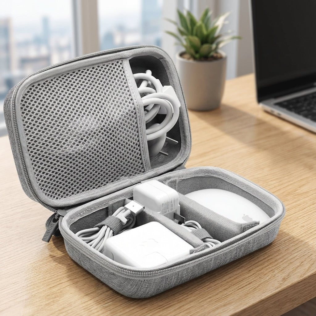 Compact travel organizer featuring multiple compartments and a water-resistant exterior, perfect for keeping your essentials organized and protected while on the go. 1
