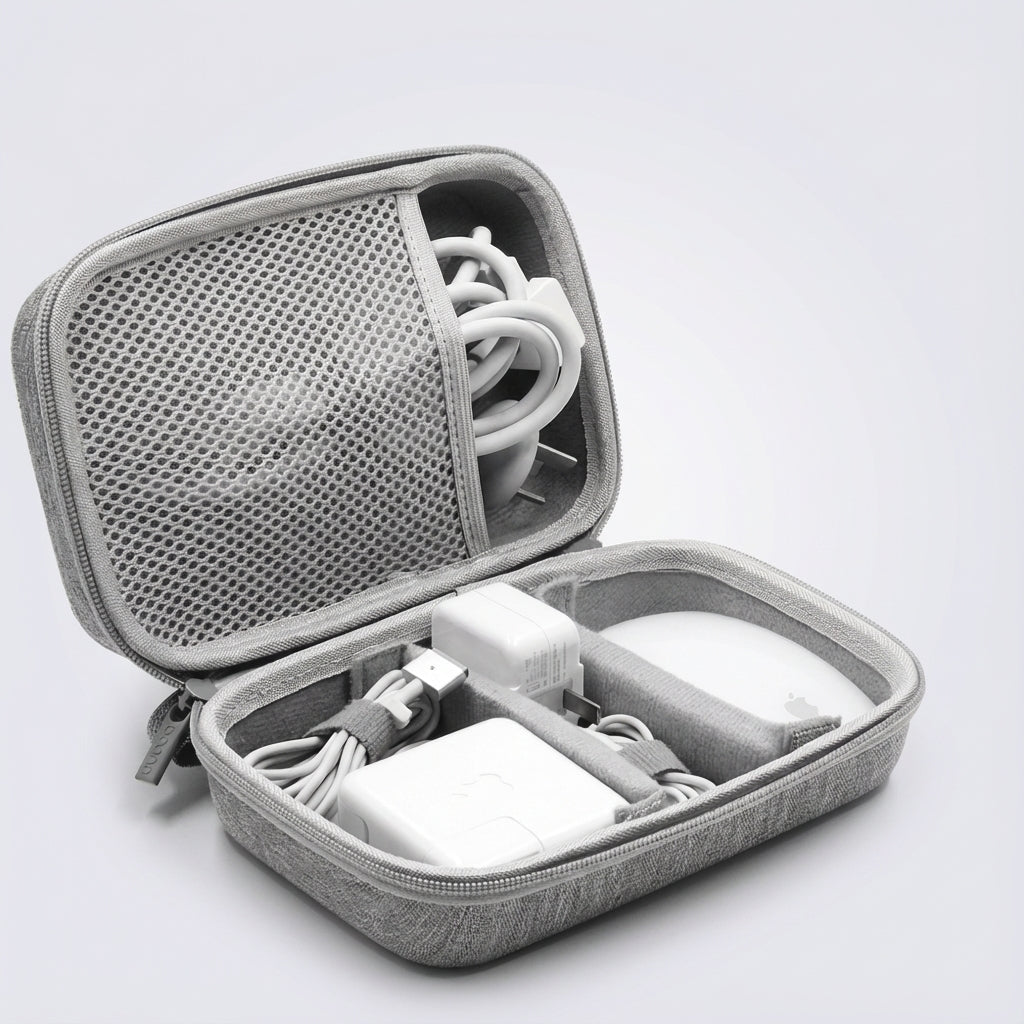 Compact travel organizer featuring multiple compartments and a water-resistant exterior, perfect for keeping your essentials organized and protected while on the go. 2