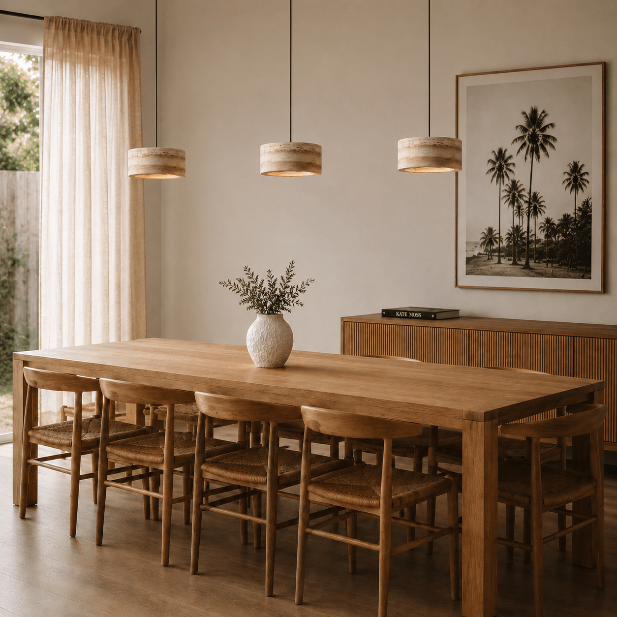 Travertine pendant light featuring a natural stone design and dimmable LED functionality, ideal for modern home decor. 1