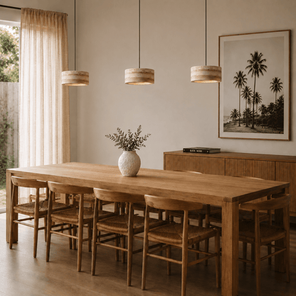 Travertine pendant light featuring a natural stone design and dimmable LED functionality, ideal for modern home decor. 1