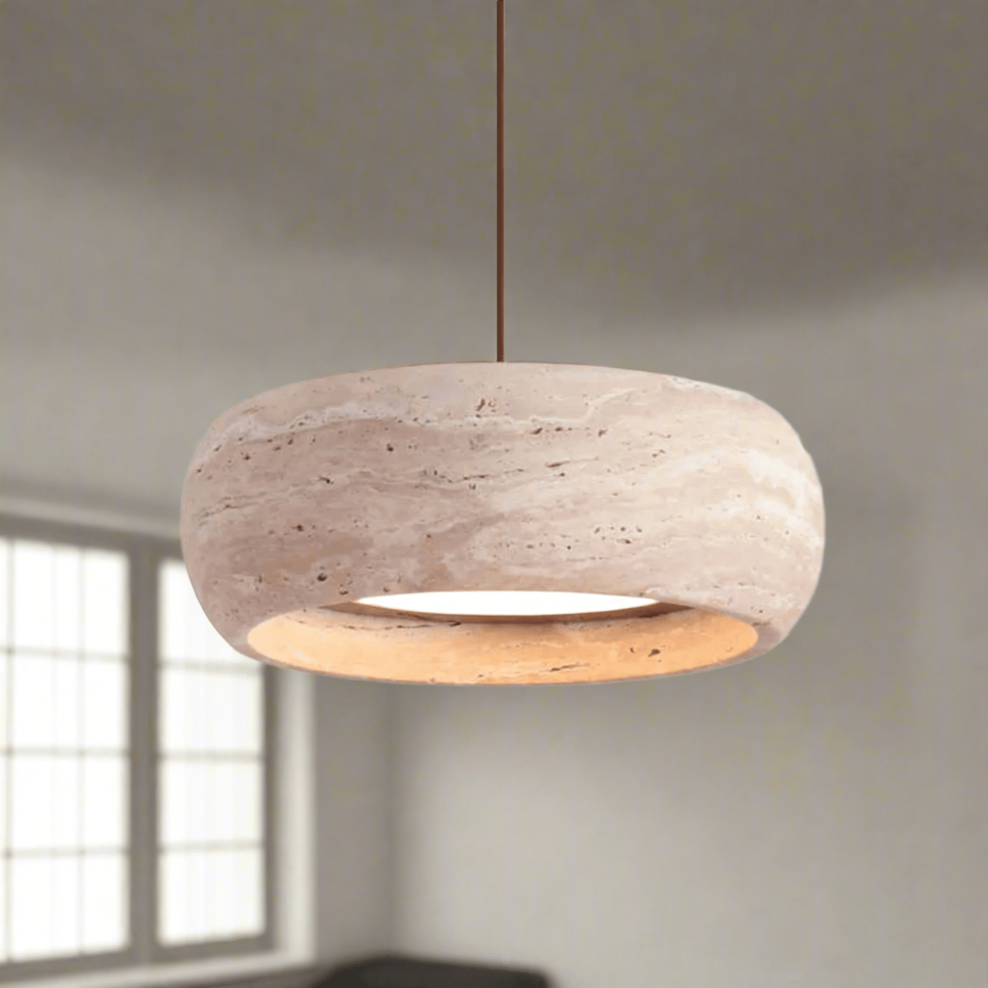 Travertine pendant light featuring a natural stone design and dimmable LED functionality, ideal for modern home decor. 7