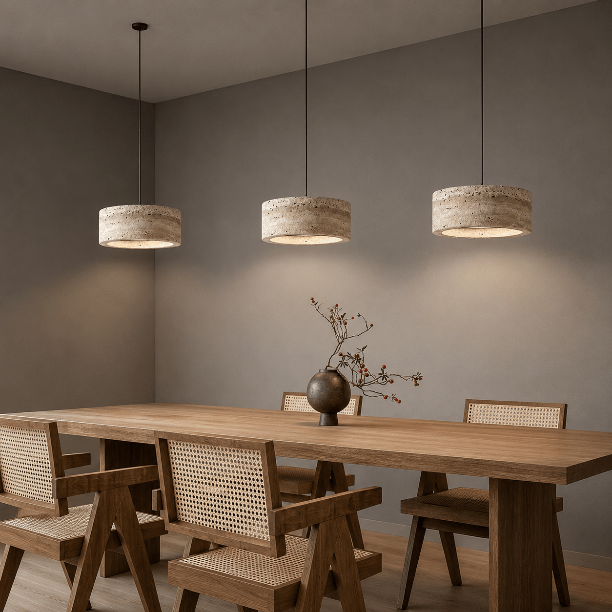 Travertine pendant light featuring a natural stone design and dimmable LED functionality, ideal for modern home decor. 4