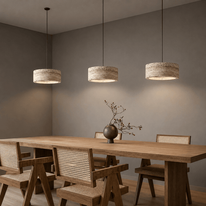 Travertine pendant light featuring a natural stone design and dimmable LED functionality, ideal for modern home decor. 4