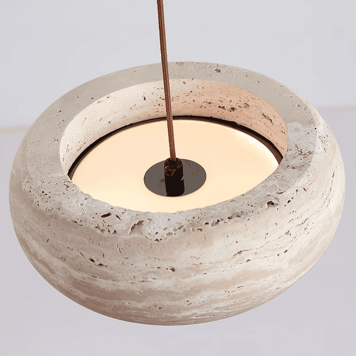 Travertine pendant light featuring a natural stone design and dimmable LED functionality, ideal for modern home decor. 6