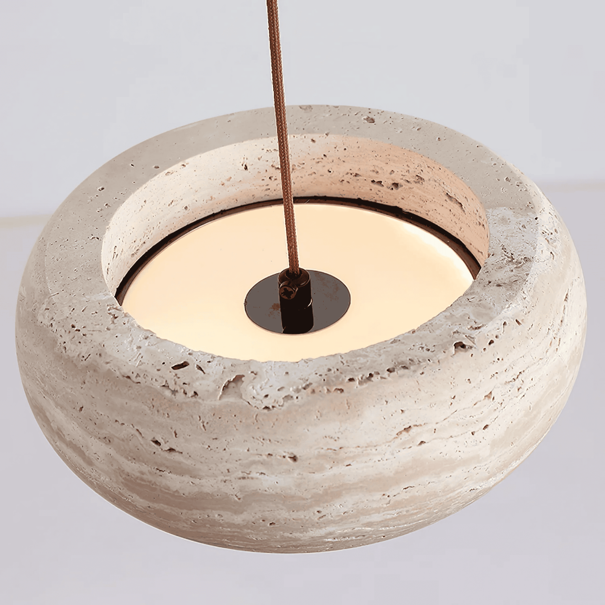 Travertine pendant light featuring a natural stone design and dimmable LED functionality, ideal for modern home decor. 6