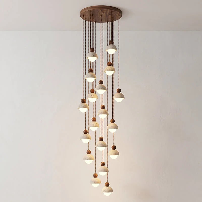 Travertine pendant light featuring a glass shade and wood accent, ideal for modern kitchen lighting over an island or dining table. 20