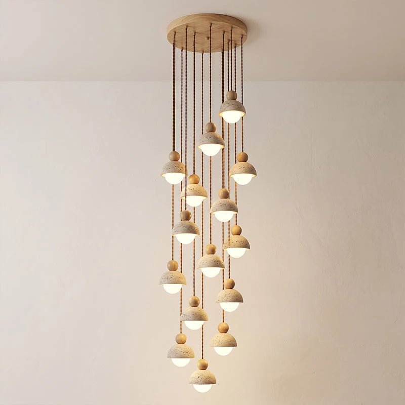 Travertine pendant light featuring a glass shade and wood accent, ideal for modern kitchen lighting over an island or dining table. 12