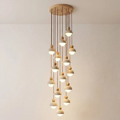 Travertine pendant light featuring a glass shade and wood accent, ideal for modern kitchen lighting over an island or dining table. 12