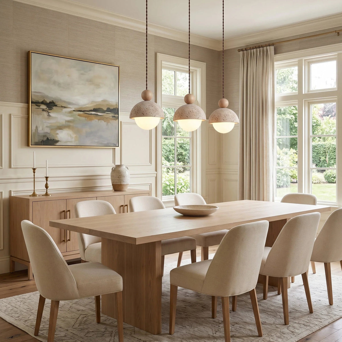 Travertine pendant light featuring a glass shade and wood accent, ideal for modern kitchen lighting over an island or dining table. 5