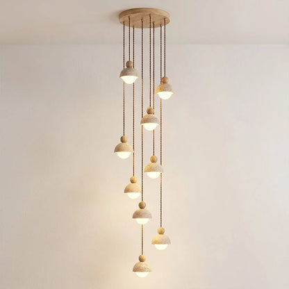 Travertine pendant light featuring a glass shade and wood accent, ideal for modern kitchen lighting over an island or dining table. 15