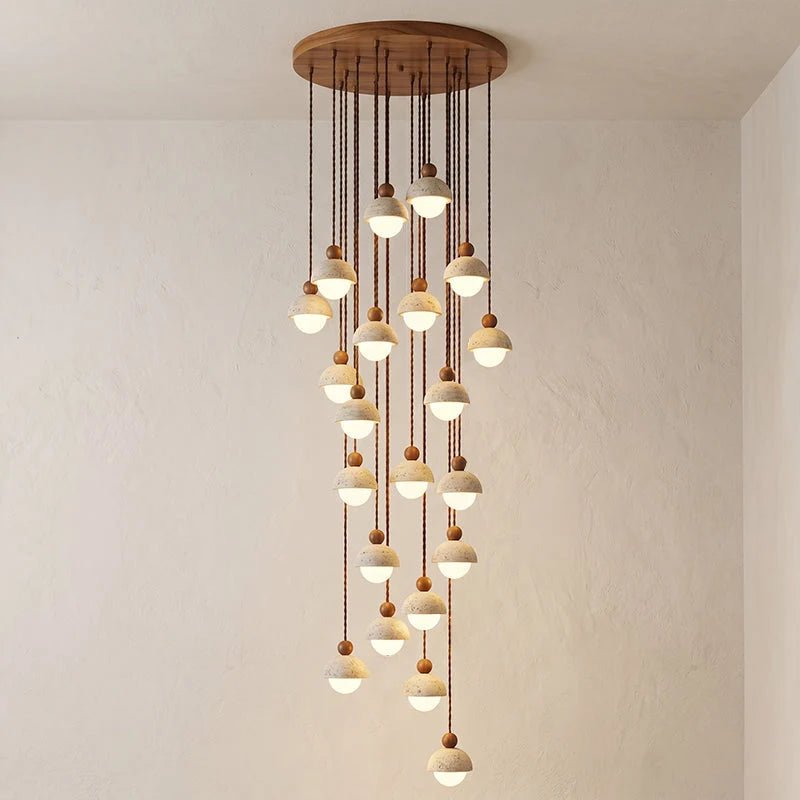 Travertine pendant light featuring a glass shade and wood accent, ideal for modern kitchen lighting over an island or dining table. 21