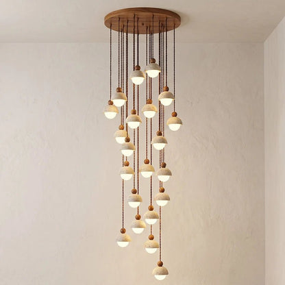 Travertine pendant light featuring a glass shade and wood accent, ideal for modern kitchen lighting over an island or dining table. 21